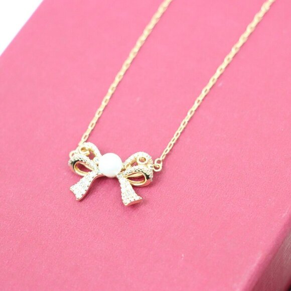 Rose Gold Bow Pendant Necklace with Pearl and Crystals , XPNL0171 - Picture 5 of 13